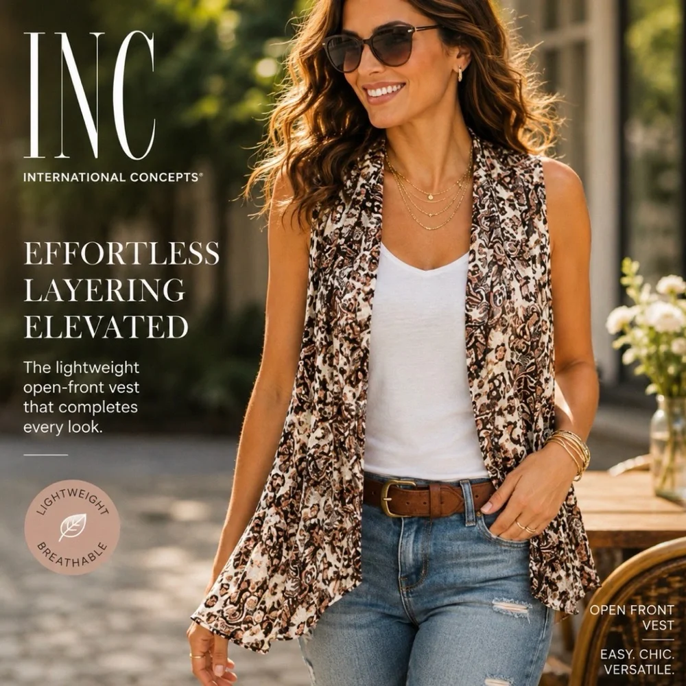 INC International Concepts Animal Print Open Front Vest Medium Boho